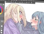  2girls art_program_in_frame bang_dream! bang_dream!_it's_mygo!!!!! blonde_hair blue_hair blue_shirt blush commentary_request extreme_yuri_buta hands_on_another's_head highres long_hair looking_at_another misumi_uika multiple_girls open_mouth purple_eyes purple_shirt saliva saliva_trail shirt sidelocks togawa_sakiko yellow_eyes yuri 