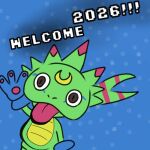 1:1 2026 bandai_namco big_eyes big_hands big_tongue brown_eyes clothing digimon digimon_(species) digimon_beatbreak digital_drawing_(artwork) digital_media_(artwork) digital_painting_(artwork) english_description english_text gekkomon gloves green_body greeting greeting_viewer handwear happy lacasadelosdibujosua male moon_symbol painting_(artwork) scalie simple_background simple_drawing sketch solo tail text toei_animation yellow_sclera