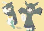  arms_up bangs bird_wings black_eyes blush body_pillow borrowed_character check_translation commentary_request dakimakura_(object) fur_collar green_hair green_ibis_(kemono_friends)_(petit_ramune) hasu_(zatsugami) head_wings kemono_friends long_sleeves multiple_views neck_ribbon original oversized_clothes partially_translated pillow pleated_skirt ribbon sidelocks skirt sleeping sleeves_past_wrists thighhighs translation_request wings zzz 
