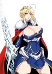  ahoge armor artoria_pendragon_(all) artoria_pendragon_(lancer) bangs blue_legwear blush braid breasts cape cleavage commentary_request crown fate/grand_order fate_(series) faulds french_braid fur-trimmed_cape fur_trim gauntlets green_eyes hair_between_eyes highres kawabata_yoshiro lance large_breasts long_hair looking_at_viewer parted_lips polearm red_cape rhongomyniad sidelocks simple_background smile solo thighs underbust weapon white_background 