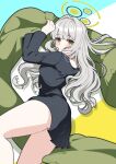 1girl absurdres ass black_pajamas black_shirt blue_archive blunt_bangs blush body_pillow closed_mouth commentary days_(user_zehd4554) green_eyes green_halo grey_hair hair_intakes halo hare_(blue_archive) hare_(pajamas)_(blue_archive) highres long_hair long_sleeves looking_at_viewer lying official_alternate_costume on_side pajamas pillow shirt solo thighs three-toned_background 