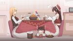 black_skirt black_vest blonde_hair bow brown_hair calendar_(object) chest_sarashi closed_eyes closed_mouth commentary cookie cup detached_sleeves ex-rumia food from_side fruit gap_(touhou) gloves hair_tubes hakurei_reimu head_rest highres holding holding_cup indoors jager kotatsu long_hair long_sleeves mandarin_orange osana_reimu parted_lips red_bow red_shirt red_skirt rumia sarashi sendai_hakurei_no_miko shirt skirt sleeveless sleeveless_shirt smile table teapot touhou under_kotatsu under_table vest white_gloves white_shirt yakumo_yukari 