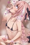  astolfo_(fate) black_bikini_bottom black_bikini_top braid censored collarbone crossdressing fate/grand_order fate_(series) fellatio hair_ribbon heart heart-shaped_pupils long_hair male_focus male_masturbation masturbation mosaic_censoring multicolored_hair multiple_boys multiple_penises oral otoko_no_ko penis pink_hair ponytail precum purple_eyes ribbon saliva streaked_hair sweat symbol-shaped_pupils takeura testicles yaoi 