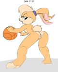 anthro barefoot basketball bent_over big_ears blonde_hair blue_eyes buckteeth butt exercise eyelashes female fur hair half-closed_eyes holding_object lagomorph lola_bunny long_ears looking_at_viewer looking_back looney_tunes low-angle_view mammal multicolored_fur nude pussy rabbit scrunchie short_hair short_tail simple_background space_jam sport standing tan_fur teeth toes two_tone_fur unamused warner_brothers white_background xylas 