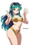  1girl absurdres animal_print artist_name bikini bilingual_commentary breasts bright_pupils brown_eyes closed_mouth commentary cowboy_shot green_hair hands_up highres horns komatsuki_n long_hair looking_at_viewer lum medium_breasts mixed-language_commentary navel print_bikini simple_background smile solo stomach strapless strapless_bikini swimsuit tiger_print twitter_username urusei_yatsura white_background white_pupils yellow_bikini yellow_horns 