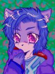 abstract_background alternative_fashion anthro black_hair chibi clothed clothing emo felid feline fur grey_body grey_fur hair hi_res hoodie humanoid katorixillust male mammal purple_eyes shirt solo sona_(sonadourge) topwear white_body white_fur