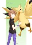  2012 abstract_background ambiguous_gender beak clothing duo feral green_eyes human invalid_color jeans legendary_pok&eacute;mon male mammal nintendo pants pok&eacute;mon pok&eacute;mon_(species) shirt signature video_games winoa zapdos 