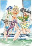  1990s_(style) 6+girls barefoot bikini black_hair blonde_hair blue_eyes blue_hair blue_one-piece_swimsuit boat brown_eyes brown_hair closed_eyes clothes_writing clothing_cutout day drill_hair green_bikini green_hair heart_cutout high_ponytail holding holding_swim_ring inuzuka_saori ishibashi_misako jumping long_hair looking_at_viewer low_ponytail multiple_girls nishikawa_maki non-web_source official_art one-piece_swimsuit open_mouth orange_bikini outdoors ponytail purple_hair retro_artstyle rimless_eyewear round_eyewear sail shimura_mami short_hair sitting smile soaking_feet sotsugyou sotsugyou_crossworld swim_ring swimsuit takei_masaki twin_drills very_long_hair water watercraft white_bikini yellow_one-piece_swimsuit yokoyama_megumi 