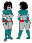  2018 alternate_costume big_breasts boots breasts cleavage clothed clothing digital_media_(artwork) fangs female footwear gloves grey_skin hair homestuck horn hourglass_figure humanoid miniskirt ms_paint_adventures panties red_eyes skimpy skirt small_waist smile terezi_pyrope tiny_waist underwear upskirt voluptuous 