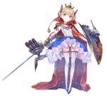  armpits ass_visible_through_thighs azur_lane bangs blonde_hair blue_eyes blunt_bangs breasts cannon cape collar epaulettes eyebrows_visible_through_hair fleur_de_lis french_flag full_body garters gauntlets gloves hair_ornament head_tilt headgear high_heels holding holding_weapon le_triomphant_(azur_lane) looking_at_viewer machinery metal_gloves official_art pleated_skirt shield short_hair sidelocks skirt small_breasts smile solo standing striped striped_legwear sword tassel thighhighs torpedo transparent_background turret unsheathed vertical-striped_legwear vertical_stripes weapon yuugen 