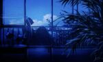  1girl absurdres blue_theme blurry blurry_foreground chinese_commentary cloud commentary_request depth_of_field film_grain fish fishbowl full_body heavy_film_grain highres huashijw indoors knees_up monochrome original scenery short_hair signature silhouette sitting sky solo window 