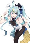  1girl animal_ears aqua_hair arm_garter black_bow black_bowtie black_hat black_pantyhose blonde_hair blue_bow blue_bowtie blue_eyes blue_ribbon bow bowtie breasts collarbone commentary covered_navel diamond_(shape) dice double_v english_commentary fake_animal_ears fang hair_ribbon hat highres kaminari_clara leotard long_hair medium_breasts multicolored_bow multicolored_bowtie multicolored_hair open_mouth pantyhose phase_connect playboy_bunny rabbit_ears ribbon side_ponytail simple_background solo spade_(shape) streaked_hair top_hat v valefal_coneri virtual_youtuber white_background white_leotard white_wrist_cuffs wrist_cuffs 