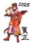  1girl 2026 absurdres alternate_costume boots breasts brown_boots brown_hair brown_hat chest_sarashi chinese_zodiac commentary_request cowboy_hat facepaint feathered_wings full_body furisode grin hagoita hat highres holding holding_paddle horseshoe horseshoe_print japanese_clothes kimono kurokoma_saki long_sleeves looking_at_viewer nek0magur0 obi orange_skirt paddle print_kimono red_boots red_eyes red_kimono sarashi sash simple_background single_off_shoulder skirt smile solo touhou translation_request white_background wide_sleeves wings year_of_the_horse 