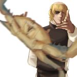  10saki_5 1boy arm_behind_back badeni black_tabard blonde_hair blunt_bangs blurry blurry_foreground chi.:_chikyuu_no_undou_ni_tsuite closed_mouth crab eyepatch grey_eyes highres male_focus meme robe scar scar_on_face scar_on_mouth scar_on_nose short_hair solo tabard throwing tonsure upper_body white_background white_robe woe_plague_be_upon_ye_(meme) 
