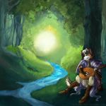  anthro australian_shepard bard canine creek darwin_james dog fantasy forest hi_res invalid_background lute male mammal medieval music tree varinxo 