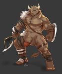  anthro armor axe balls big_muscles blue_eyes bovine brown_fur cattle cum cum_drip dripping fur glans hatchet horn humanoid_penis male mammal melee_weapon mostly_nude muscular muscular_male nipples penis scar shield simple_background unconvincing_armor unknown_artist weapon 