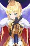  1girl ahoge armor artoria_pendragon_(fate) blonde_hair breastplate caliburn_(fate) cape crown fate/grand_order fate_(series) fur_trim gauntlets gold_armor green_eyes highres holding holding_sword holding_weapon looking_at_viewer lord_logres_(fate) lord_logres_(first_ascension)_(fate) mikky_dksla red_cape solo sword weapon 