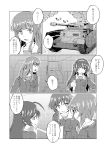  ahoge bangs blunt_bangs breast_pocket breasts comic commentary_request eyebrows_visible_through_hair girls_und_panzer greyscale ground_vehicle highres long_hair long_sleeves looking_at_another looking_at_viewer military military_vehicle moku_x_moku monochrome motor_vehicle multiple_girls ooarai_military_uniform open_mouth panzerkampfwagen_iv pocket reizei_mako short_hair sono_midoriko speech_bubble tank translation_request 