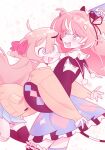 2girls :d ahoge arms_around_waist bandaid bandaid_on_knee bandaid_on_leg black_ribbon black_socks blonde_hair blue_eyes blue_skirt blunt_bangs camila_(vtuber) cardigan colored_eyelashes diamond_hair_ornament double-parted_bangs dress fang floating_hair glomp hair_between_eyes hair_ornament hair_ribbon heart heart_print highres hug jumping koilccc long_hair long_sleeves looking_at_another mini_party_hat miniskirt mismatched_eyelashes multicolored_hair multiple_girls neck_ruff neuro-sama off-shoulder_capelet outstretched_arms pastel_colors pink_hair pleated_skirt pom_pom_(clothes) puffy_long_sleeves puffy_sleeves purple_eyes red_ribbon ribbon short_dress single_hair_intake single_thighhigh skirt sleeves_past_wrists smile socks streaked_hair thighhighs two_side_up vedal_ai white_background white_eyelashes white_hair yellow_cardigan 