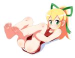  ass bare_shoulders barefoot blonde_hair breasts dress feet green_eyes hair_ribbon highres jankovsky legs_up looking_at_viewer lying on_back ponytail ribbon rockman roll simple_background sleeveless sleeveless_dress small_breasts smile soles solo white_background 