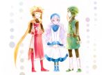  alternate_color blonde_hair bodysuit boots cape commentary_request curly_hair dragon_quest dragon_quest_ii goggles goggles_on_head goggles_on_headwear hat high_heel_boots high_heels hood hood_up kuzumosu long_hair long_sleeves multiple_boys prince_of_lorasia prince_of_samantoria princess_of_moonbrook short_hair spiked_hair white_robe 