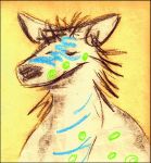  ambiguous_gender anthro bd border canine chalk_(artwork) eyes_closed fur headshot mammal pastel_(artwork) patterns simple_background smile solo traditional_media_(artwork) yellow_background 