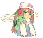  1girl animal_on_shoulder beanie blue_eyes closed_mouth coat cosplay cropped_torso dawn_(pokemon) dawn_(pokemon)_(cosplay) double-parted_bangs green_coat hair_between_eyes hair_ornament hair_ribbon hat heart heart_hair_ornament light_blush long_hair looking_at_animal luanma96 neuro-sama notice_lines open_mouth pink_ribbon pokemon pokemon_dppt pokemon_platinum ribbon scarf simple_background smile speech_bubble turtwig two_side_up vedal987 vedal_ai white_background white_hat white_scarf 