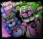 animate_inanimate anthro bear black_bow_tie bon_bon_(fnaf) bonnie_(fnaf) bow_tie clothing duo electronics female five_nights_at_freddy's freddy_(fnaf) funtime_freddy_(fnafsl) hand_puppet hat headgear headwear lagomorph leporid male mammal microphone new_year_2026 rabbit red_bow_tie robot_anthro scottgames sister_location top_hat yh2ug4