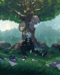ambiguous_gender anthro blue_body blue_eyes blue_fur book clock clothing collar footwear fur generation_7_pokemon grass hi_res kian_(kianyemao) lycanroc nintendo plant pokemon pokemon_(species) sculpture shoes solo statue tree white_body white_fur zzigg