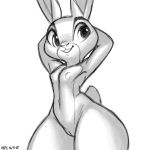  2016 anthro big_ears big_eyes buckteeth disney female flat_chested front_view fur grey_background greyscale hands_behind_head judy_hopps lagomorph long_ears mammal monochrome multicolored_fur navel nipples nude portrait pussy rabbit short_tail simple_background smile standing teeth thick_thighs three-quarter_portrait two_tone_fur wide_hips xylas zootopia 