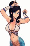  1girl absurdres armpits arms_behind_head artist_name bandaged_arm bandages bikini bikini_top_only black_hair blue_eyes breasts breasts_apart chimi_(raichiyo33) closed_mouth commentary english_commentary hair_behind_ear head_tilt highres lamia long_hair medium_breasts monster_girl navel nose o-ring o-ring_bikini o-ring_top open_hand original parted_hair ponytail raichiyo33 scales simple_background solo swimsuit tying_hair white_background white_bikini 