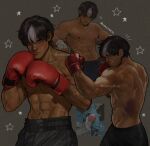  1boy abs artist_name batman_(series) black_gloves black_hair blue_eyes bodysuit boxer boxing boxing_gloves boxing_shorts bruise ciricearts commentary dc_comics english_commentary fighting_stance gloves highres injury jacket jason_todd large_pectorals male_focus mask multicolored_bodysuit multiple_scars multiple_views muscular muscular_male pectorals punching red_gloves red_hood_(dc) red_mask scar scar_on_chest scar_on_face scar_on_stomach short_hair shorts superhero_costume taut_bodysuit toned topless_male twitter_username two-tone_bodysuit watermark 