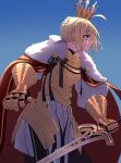  1girl ahoge armor artoria_pendragon_(fate) barsee blonde_hair breastplate caliburn_(fate) cape crown fate/grand_order fate_(series) fur_trim gauntlets gold_armor green_eyes highres holding holding_sword holding_weapon lord_logres_(fate) lord_logres_(first_ascension)_(fate) red_cape saber_(fate) solo sword weapon 