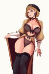  1girl beret black_bra black_choker black_panties black_thighhighs blonde_hair blunt_bangs bob_cut bow bow_bra bra breasts choker cleavage collarbone covered_nipples earrings fire_emblem fire_emblem:_three_houses hair_behind_ear hat head_tilt highleg highleg_panties highres jewelry large_breasts lifting_own_clothes long_sleeves looking_to_the_side medium_hair mercedes_von_martritz mercedes_von_martritz_(timeskip) narrowed_eyes panties parted_lips puffy_sleeves purple_eyes raichiyo33 ribbon-trimmed_bra ribbon_trim robe see-through_bra see-through_clothes signature skindentation solo standing stomach strapless strapless_bra teeth thick_thighs thighhighs thighs underwear undressing upper_teeth_only veil 