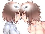  android antenna_hair blush brown_eyes brown_hair commentary_request cyborg folks_(nabokof) forehead-to-forehead gally gunnm lips messy_hair multiple_girls open_mouth sechs sharp_teeth short_hair teeth white_background 
