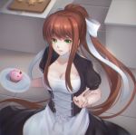  absurdres alternate_costume apron breasts brown_hair character_name cleavage cleavage_cutout commentary cupcake doki_doki_literature_club enmaided food green_eyes green_nails highres ihsara10 long_hair looking_at_viewer maid monika_(doki_doki_literature_club) nail_polish plate ponytail short_sleeves smile solo v waist_apron 