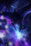  2018 blue_feathers blue_hair cosmic_background detailed_background digital_media_(artwork) dragon feathered_wings feathers female feral fur furred_dragon hair isvoc solo wings 