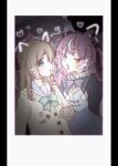  2girls :d :o aqua_bow aqua_bowtie black_background blue_eyes blue_sailor_collar blunt_bangs blush bow bowtie brown_hair camila_(vtuber) cardigan cleavage_cutout clenched_hand clothing_cutout diamond_hair_ornament drawn_ears drawn_heart drawn_whiskers dress facial_mark film_grain foreshortening hair_between_eyes hair_ribbon hashtag-only_commentary hat hat_ribbon highres indie_virtual_youtuber long_sleeves mini_party_hat multicolored_hair multiple_girls neck_ruff neuro-sama one_eye_closed pillarboxed polaroid_photo pom_pom_(clothes) puritan_collar purple_bow purple_bowtie purple_dress red_ribbon ribbon sailor_collar smile streaked_hair triangle triangle_facial_mark two_side_up tyler_koh vedal_ai vignetting virtual_youtuber vrchat white_hair yellow_cardigan 