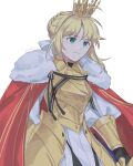  1girl ahoge armor artoria_pendragon_(fate) aud0854_01 blonde_hair breastplate caliburn_(fate) cape commentary_request crown fate/grand_order fate_(series) fur_trim gauntlets gold_armor green_eyes holding holding_sword holding_weapon lord_logres_(fate) lord_logres_(first_ascension)_(fate) red_cape solo sword weapon 