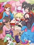  +_+ 4girls absurdres aromatisse azumarill black_hair black_kimono blonde_hair blue_eyes blue_kimono blunt_bangs blush breasts brown_eyes brown_hair cleavage closed_mouth collarbone commentary_request dark-skinned_female dark_skin detached_sleeves earrings eating fangs flower food furisode furisode_girl_(pokemon) furisode_girl_blossom furisode_girl_kali furisode_girl_katherine furisode_girl_linnea hair_flower hair_ornament highres holding holding_food japanese_clothes jewelry kimono kirlia large_breasts long_hair looking_at_viewer multiple_girls muscular nose_bubble open_mouth orange_hair pink_eyes pink_kimono pokemoa pokemon pokemon_(creature) pokemon_xy purple_socks sandals slurpuff smile socks squatting tongue tongue_out twintails white_kimono white_socks wide_sleeves yellow_eyes 