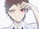  1boy brown_hair closed_mouth commentary danganronpa_(series) danganronpa_2:_goodbye_despair danganronpa_3_(anime) eyelashes fingernails green_eyes hand_up heterochromia highres hinata_hajime ling_yun_(amadare0803) male_focus official_alternate_eye_color portrait red_eyes short_hair simple_background smile solo spoilers stitched_forehead stitches straight-on white_background 