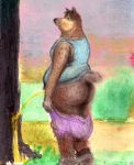  anthro bd bear big_butt brown_fur butt clothed clothing colorful fur legwear looking_at_viewer male mammal pants_down partially_clothed pastel_(artwork) peeing pencil_(artwork) shirt slightly_chubby smile socks solo tank_top traditional_media_(artwork) urine 