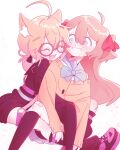  2girls :3 ahoge animal_ear_fluff animal_ears aqua_bow aqua_bowtie bandaid bandaid_on_knee bandaid_on_leg black_dress black_ribbon black_shoes black_socks blonde_hair blue_eyes blue_sailor_collar bow bowtie brown_hair cardigan cat_ears cat_girl cat_tail cheek-to-cheek closed_eyes double-parted_bangs dress dutch_angle fang glasses grin hair_between_eyes hair_ornament hair_ribbon hairclip heads_together highres hug hug_from_behind knee_up knees_up koilccc long_hair long_sleeves looking_at_another low_twintails minikomew multiple_girls neuro-sama o-ring o-ring_thigh_strap open_mouth pink-framed_eyewear pink_shoes raised_eyebrows red_ribbon ribbon round_eyewear sailor_collar shoes sitting sleeves_past_wrists smile socks tail thick_eyebrows thigh_strap twintails vedal_ai virtual_youtuber white_background yellow_cardigan 
