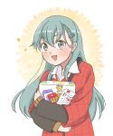  aqua_hair blazer box brown_jacket collared_shirt commentary_request dress_shirt grey_eyes highres isana_(nc7188) jacket japanese_clothes jinbei_(clothes) kantai_collection layered_clothes long_hair red_robe robe shirt smile sparkle suzuya_(kancolle) suzuya_kai_ni_(kancolle) upper_body white_shirt 