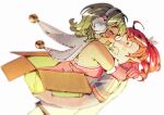  2girls ^_^ absurdres ahoge bell blush box breasts closed_eyes commentary drill_hair english_commentary green_hair grey_jacket gumi highres holding holding_box jacket jingle_bell kasane_teto kasane_teto_(sv) looking_at_another mars_(rotyolk) multiple_girls profile red_eyes red_hair sideboob synthesizer_v twin_drills utau vocaloid white_background yuri 