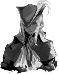  bloodborne capelet cravat eyelashes feather_hair hat highres lady_maria_of_the_astral_clocktower one_eye_covered osu5i solo the_old_hunters tricorne white_background white_hair 