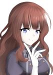  1girl absurdres arm_at_side assault_lily black_ribbon black_shirt blue_eyes blunt_bangs breasts brown_hair closed_mouth commentary gloves hand_up highres kaede_johan_nouvel large_breasts long_hair looking_at_viewer neck_ribbon official_alternate_costume ribbon shirt sidelocks simple_background solo striped_ribbon upper_body wavy_hair white_background white_gloves yadoo 