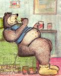  anthro bd bear belly big_belly clothing colored_pencil_(artwork) eating food fur lazy legwear male mammal mouth_full navel overweight pizza shirt sitting slightly_chubby socks solo tank_top traditional_media_(artwork) weight_gain 