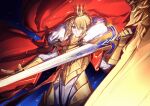  1girl absurdres ahoge armor artoria_pendragon_(fate) blonde_hair breastplate caliburn_(fate) cape crown fate/grand_order fate_(series) gauntlets green_eyes haaahoi highres holding holding_sword holding_weapon looking_at_viewer lord_logres_(fate) lord_logres_(first_ascension)_(fate) red_cape saber_(fate) short_hair solo sword weapon 