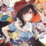  4girls :3 animal_ears antlers bandana bandana_around_neck bear_trap bird black_wings blonde_hair blue_dress blue_shirt blush breasts brown_hat cleavage closed_eyes commentary_request curly_hair dog_ears dog_girl dog_tail dragon_girl dragon_horns dragon_tail dress eagle eggplant green_tail grin hakurei_frontier_spell_strive hane_(hanetsuki) hanetsuki hat hatsuyume holding holding_paddle holding_spork horns horseshoe kicchou_yachie kurokoma_saki long_hair looking_at_viewer mitsugashira_enoko mount_fuji multiple_girls multiple_tails new_year official_art open_mouth paddle pointy_ears ponytail red_eyes red_horns red_sleeves riding riding_bird sharp_teeth sheep_horns shirt signature smile solo_focus spork tail teeth touhou toutenkou toutetsu_yuuma watermark white_bandana wings yellow_horns 